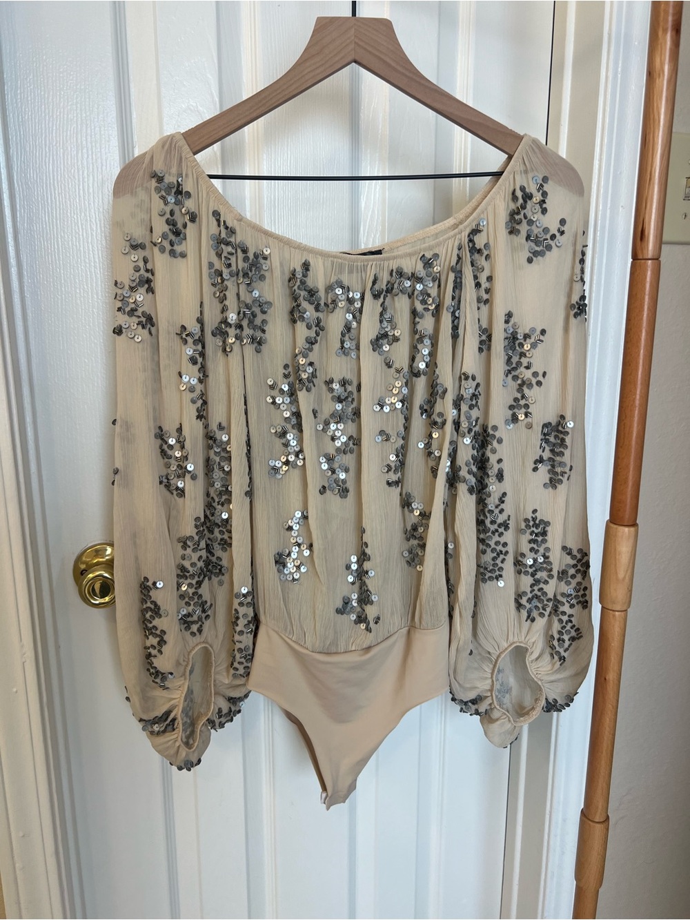 Zara Cream Sequin Long Sleeve Bodysuit Top